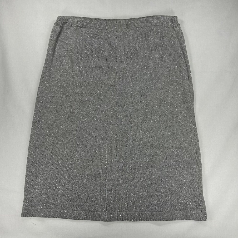 Mims Cole Vintage Y2K Silk Blend Knit Straight Midi Skirt Silver Metallic XL